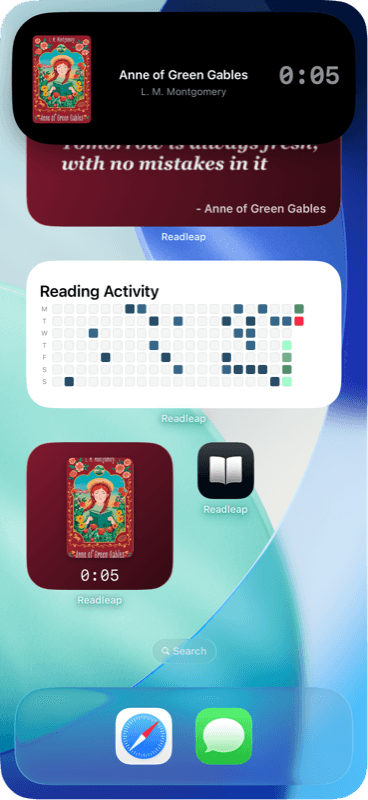 iPhone home screen showing Readleap widgets, Live Activity, and reading-activity heatmap